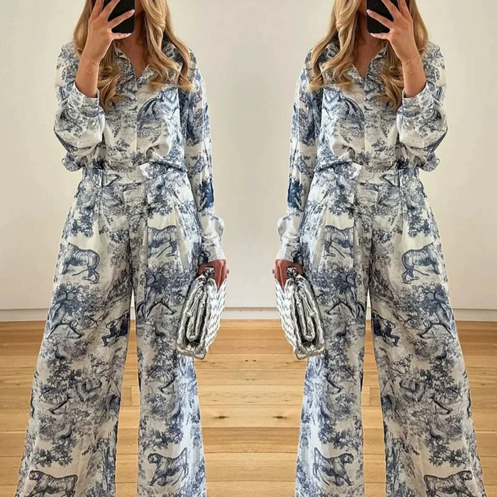 ZARA Summer Casual Printed Lapel Shirt and Pants Lounge Set